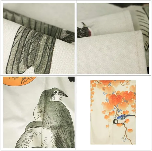 Vista 4 de Cortina japonesa Noren para puerta, pintura de tinta, hojas y pájaros, cortina para puerta, tapiz divisor de habitación, 33 x 47 pulgadas Bird 2