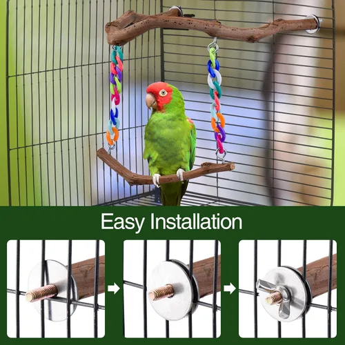 Vista 7 de Juguetes de columpio para pájaros, perca de pie con madera de uva natural, accesorios de jaula de pájaros colgantes en forma de U, juguete