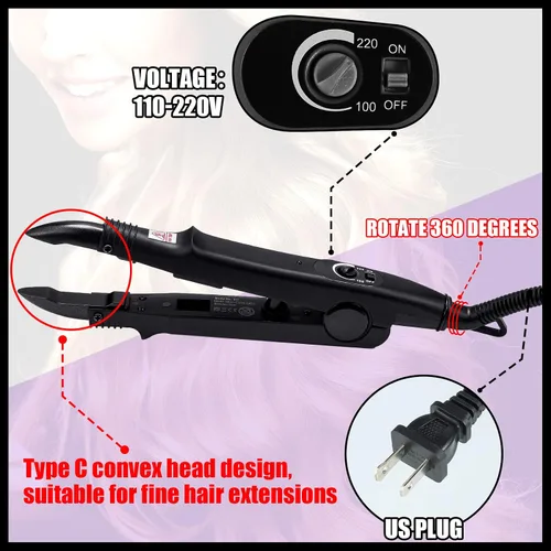 Vista 3 de Kit de extensión de cabello de queratina: plancha térmica, gránulos de pegamento de queratina, plantillas protectoras, pinzas para el cabello y Negro