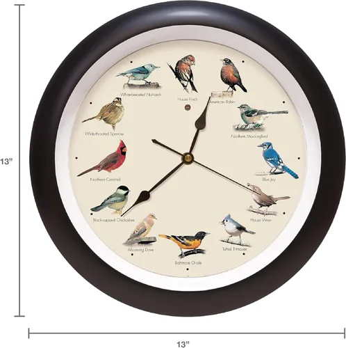 Vista 2 de Mark Feldstein, Reloj de Pared Original con Pájaro Cantante, 13 Pulgadas, Negro