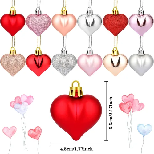 Vista 2 de JUNEBRUSHS 48 adornos en forma de corazón de San Valentín, decoraciones de corazón con purpurina de oro rosa, bolas colgantes para árbol de Navidad
