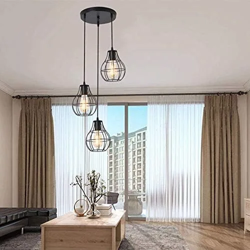 Vista 4 de Modern Black Pendant Light Fixtures, Mesh Metal Chandelier, Vintage Industrial 3 Heads Hanging Pendant Lamp for Kitchen Island Dining Room Farmhouse
