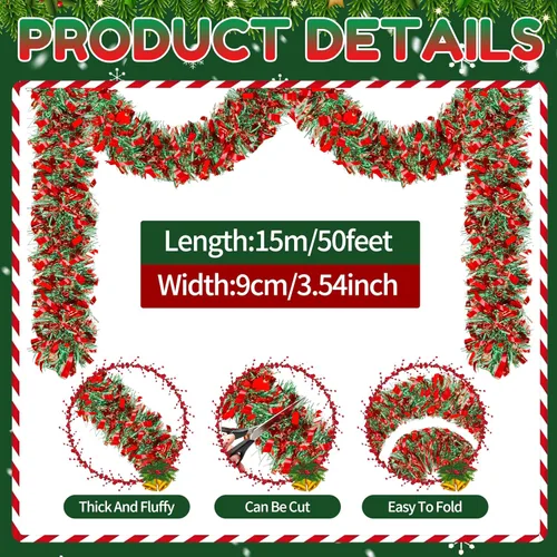 Vista 2 de Guirnalda de Oropel de Navidad de 50 Pies, Guirnalda de Oropel Gruesa, Decoraciones para Árbol de Navidad, Guirnalda Metálica Trenzada de Oropel Mix3
