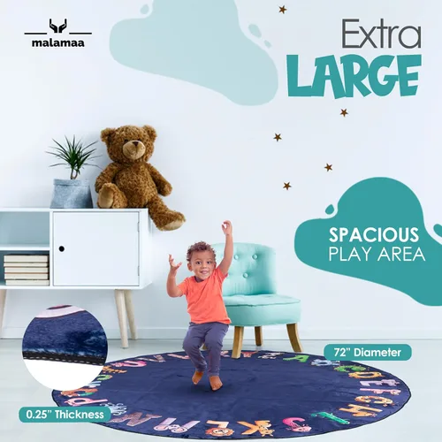 Vista 3 de ABC - Alfombra del alfabeto para niños, alfombra de juego redonda azul de 6 pies para niños pequeños y bebés, decoración suave para el cuarto