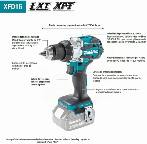 Vista 2 de Makita XFD16T 18V LXT Kit de taladro de 1/2" inalámbrico de iones de litio sin escobillas (5.0Ah)