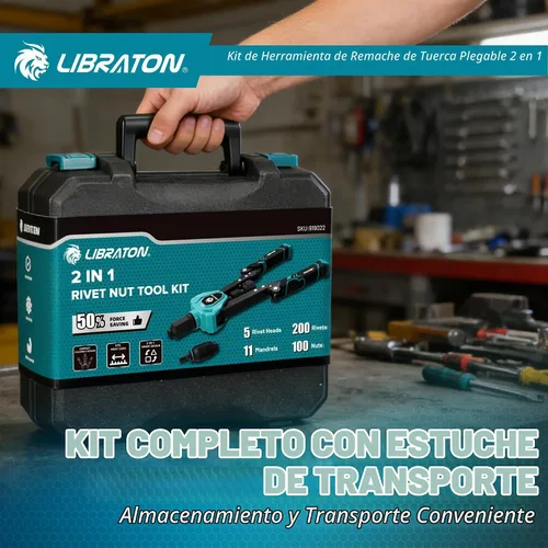 Vista 10 de LIBRATON Herramienta de tuerca de remache 2 en 1 y kit de pistola de remache plegable, con 11 mandriles (métrico y SAE) y 5 piezas de nariz