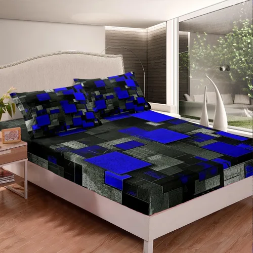 Vista 3 de Feelyou Juego de sábanas para niños, color azul y negro, tamaño individual, juego de sábanas geométricas de cuadrícula geométrica con sábana bajera