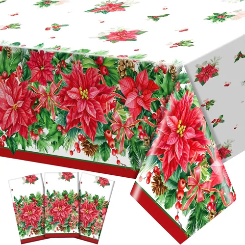 Vista 8 de Frienda Paquete de 3 manteles de plástico para Navidad, mantel de Navidad desechable rectangular para decoración de fiesta de Navidad, suministros