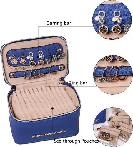 Vista 4 de Angelina's Palace Estuche organizador de joyas, regalos de dama de honor, bolsa de viaje, caja de cuero vegano para collar, aretes, pulsera