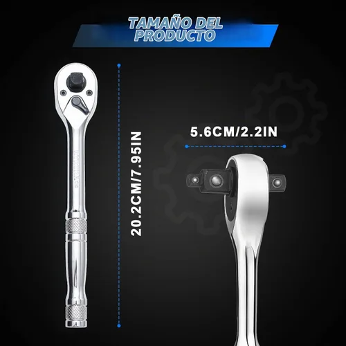 Vista 5 de Mango de trinquete 3 en 1,1/4", 3/8", llave de trinquete de 1/2", interruptor reversible de 72 dientes,Chapado en cromo pulido completo,Acero al