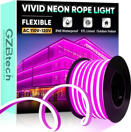 Vista 30 de GZBtech Tira de luces LED flexibles de neón de 16.4 pies, tira de luz impermeable CA de 110-120 V, 120 LEDs/M, iluminación de neón conectable