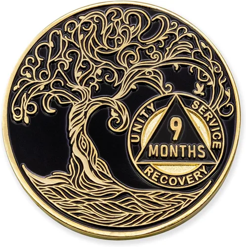 Vista 139 de 1 año Sobriety Mint Twisted Tree of Life Medallón de recuperación AA chapado en oro, chip/ficha - negro