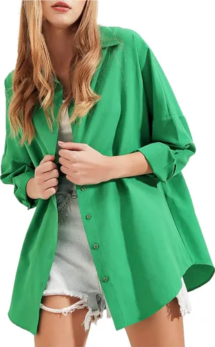 Vista 4 de HangNiFang Womens Oversized Button Down Shirts Long Sleeve Loose Fit Work Dressy Blouses Tops