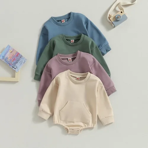 Vista 41 de Mameluco de manga larga con bloques de color para bebé, niño, niña, con bolsillo, cuello redondo, sudadera básica para otoño e invierno
