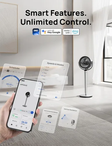 Vista 3 de Dreo Paquete de ventilador de pedestal inteligente de 43 pulgadas con ventilador de torre para dormitorio con velocidad de 26 pies/s y temporizador
