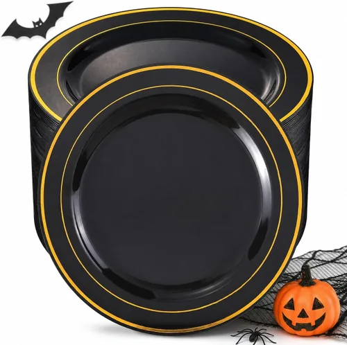 Vista 18 de bUCLA 100 platos de plástico con borde plateado, platos desechables de 7.5 pulgadas, ideales para bodas, fiestas y Navidad