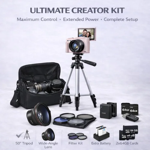 Vista 3 de Acuvar Kit de cámara digital 4K 64MP para fotografía, vlogging para YouTube con pantalla abatible, WiFi, lente gran angular, filtros, 2 tarjetas