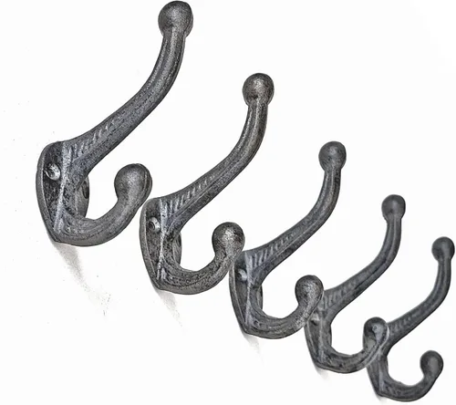 Vista 5 de Ambipolar Paquete de 5 ganchos de pared rústicos – Hierro fundido resistente de inspiración vintage negro antiguo para vestíbulo, abrigo, perchero