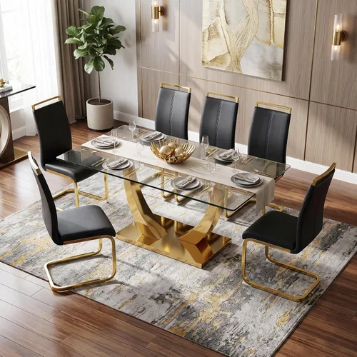 Vista 41 de Juego de mesa de comedor blanca para 6, 71 pulgadas, juego de mesa de comedor de mármol sintético para 6 Modern Dining Table Set for 6, Black PU