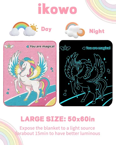 Vista 4 de Manta de unicornio que brilla en la oscuridad, regalos de unicornio para niñas de 2, 3, 4, 5, 6, 7, 8, 9, 10 años, manta de unicornio rosa suave