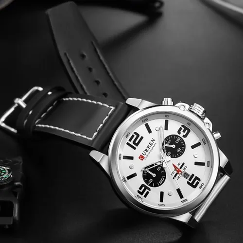 Vista 6 de Reloj de acero inoxidable con correa de cuero, estilo clásico, casual, resistente al agua, cronógrafo, fecha, y cuarzo analógico