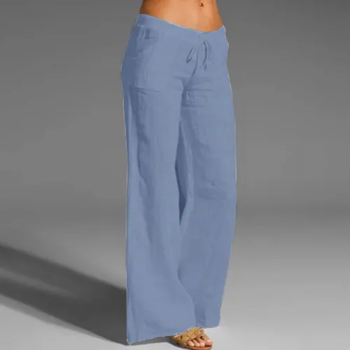 Vista 3 de FUMOOD Pantalón bohemio de lino para mujer, talla pequeña a grande, ligero, cintura alta, pierna ancha, pantalones de yoga, pantalones de gasa