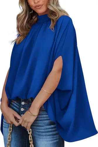 Vista 9 de BTFBM Blusas de verano para mujer, cuello alto falso, manga murciélago, holgadas, dobladillo alto y bajo, blusas informales de gran