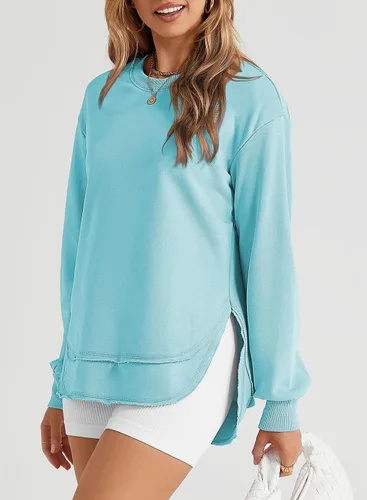 Vista 3 de EVALESS Sudadera para mujer, casual, color liso, cuello redondo, manga larga, abertura lateral, túnica de ajuste holgado