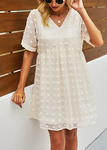 Vista 2 de KIRUNDO Vestido corto de manga corta de verano para mujer, vestido casual, suelto y con un cuello en V sexy, vestido holgado de punto suizo