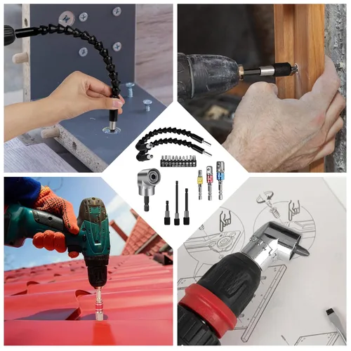 Vista 7 de Juego de extensión de broca flexible de 19 piezas, vástago hexagonal de 105 ° de ángulo recto, 3 piezas de adaptador universal de enchufe de 1/4 3/8