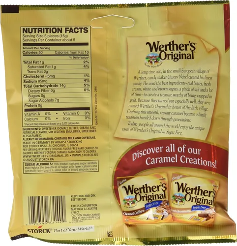 Vista 2 de Werther's Original Caramelos duros sin azúcar, caramelos duros envueltos individualmente para Halloween, fiestas o aperitivos, bolsas de 2.75 onzas