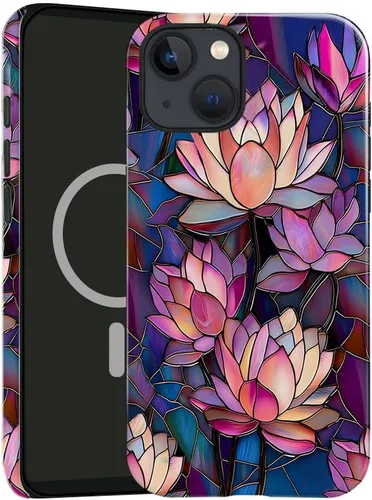 Vista 8 de Funda compatible con iPhone 13, compatible con MagSafe, funda híbrida de 2 capas con prevención de caídas brillante para niñas y niños, arte floral
