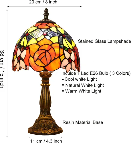 Vista 6 de Lámpara de Mesa Estilo Tiffany 3 Temperaturas de Color Lámparas de Vidrio Emplomado con Flores Rosas Lámpara de Mesa Pequeña Antigua para Mesita