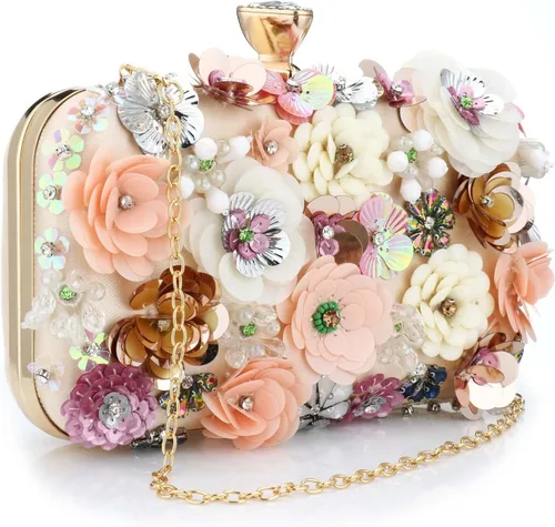 Vista 2 de Bolso de mano de noche floral para mujer con diamantes de imitación de metal con flores para mujer, boda, graduación, fiesta, lentejuelas 3D, bolso