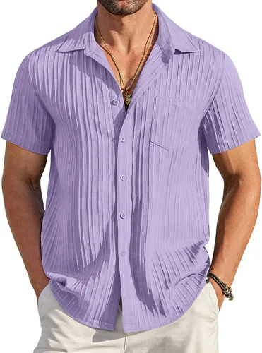 Vista 8 de COOFANDY - Camisas de botones casuales para hombre, de manga corta, con textura, camisa de playa de verano con bolsillo