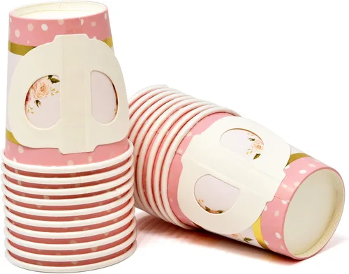 Vista 5 de Gift Boutique Juego de 36 tazas de té de papel con asas y 36 platillos en forma floral desechables para niños y adultos, cumpleaños, baby shower