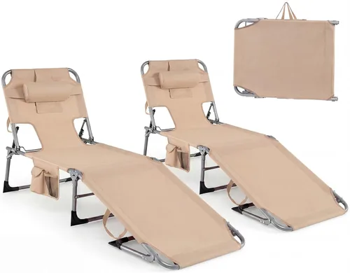 Vista 11 de Tangkula Silla de bronceado con agujero frontal, plegable y ajustable para patio, silla reclinable, para playa, tomar el sol, con bolsillo lateral