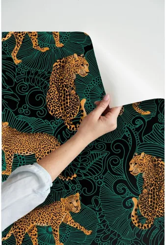 Vista 3 de Spoonflower Papel tapiz para despegar y pegar - Leopardo exótico selva negro verde animal África guepardo tigre papel tapiz extraíble personalizado