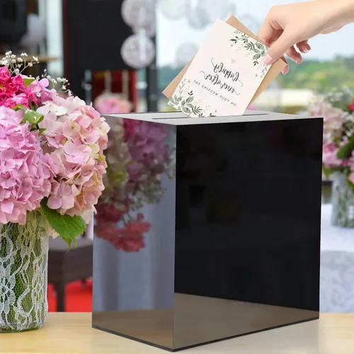 Vista 2 de Fowecelt Caja de Tarjetas de Boda de Acrílico Negro, Caja de Tarjetas DIY Grande en Blanco Sin Imprimir para Recepción de Boda, Fiesta