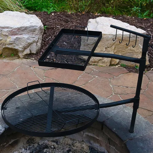 Vista 8 de Sistema doble de parrilla giratoria para exterior de Sunnydaze. Includes 2 Grates & 1 Stake, Easy Assembly, Steel Portable Camp Fire Cooking