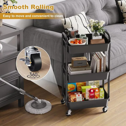 Vista 3 de Carrito rodante de 3 niveles con ruedas, carrito organizador de estantes de plástico negro de tres niveles con ruedas con cerradura, pequeño carrito