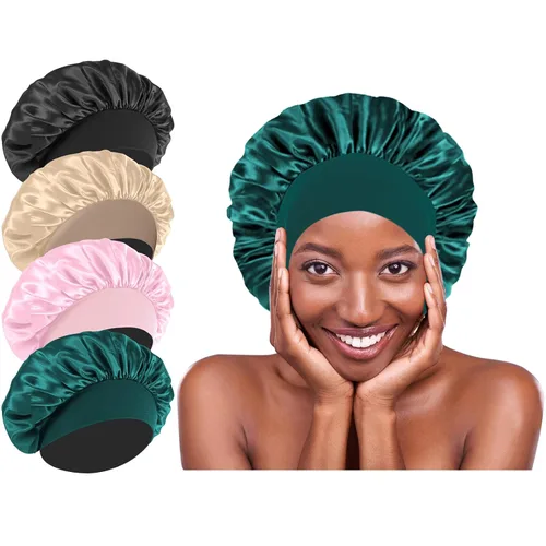Vista 8 de 4 gorros de satén de seda para dormir, banda ancha elástica para mujeres y hombres, gorros de seda para cabello rizado para dormir