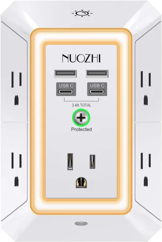 Vista 9 de Cargador de pared, protector de sobretensiones, extensor de 5 salidas con 4 puertos de carga USB (2USB-C), adaptador de enchufe múltiple de 3 lados