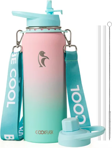 Vista 24 de Botella de agua Coolflask de 40 onzas con correa, botella de agua metálica aislada con popote y tapas con pico, acero inoxidable de doble pared al