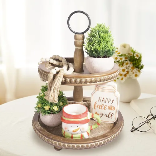 Vista 5 de Soporte de bandeja escalonada, Bandeja de dos niveles, Bandejas decorativas de 2 niveles, Bandeja escalonada con cuentas marrones para decoración