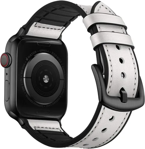 Vista 10 de OUHENG Correas de cuero compatibles con Apple Watch de 42mm 41mm 40mm 38mm, correa híbrida de cuero genuino y goma para iWatch Series 11 10 9 8 7 6