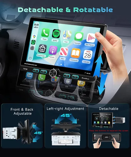 Vista 2 de Radio DIN simple de 7 pulgadas con CarPlay inalámbrico/con cable CarPlay Android Auto IPS Pantalla táctil giratoria ajustable MirrorLink FM/AM/RDS