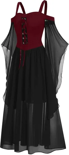 Vista 2 de Vestido gótico para mujer, vestidos de hombros descubiertos de Halloween, talla grande, vestido de manga acampanada, vestido medieval sexy