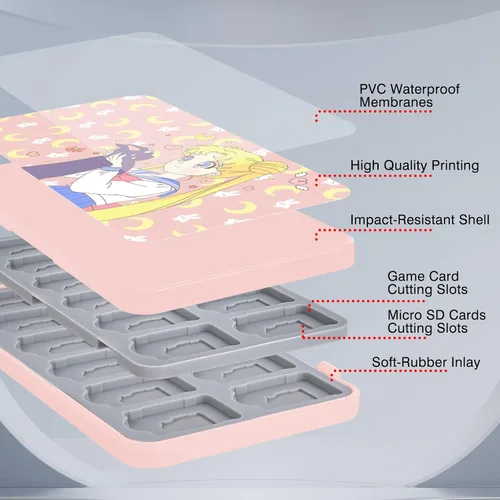 Vista 2 de DLseego Sailor Moon Switch - Funda para juegos con 24 ranuras para Switch Switch Lite y Switch OLED Tarjetas de juego y tarjeta Micro SD caja