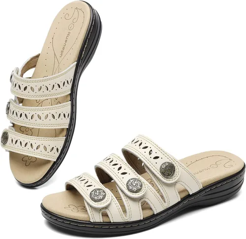 Vista 9 de Sandalias de cuero cómodas para mujer, ligeras, planas, bonitas, sin cordones, informales, para caminar Beige